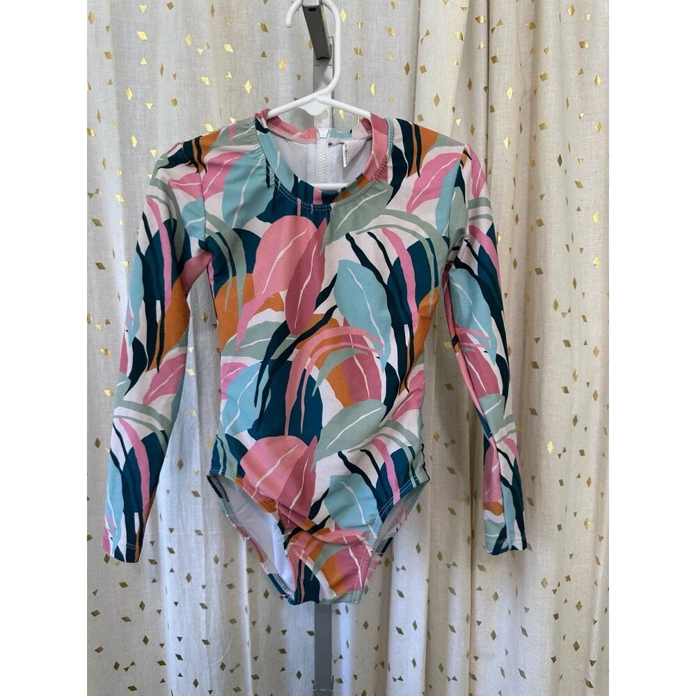 Toddler Girl's Tropical Leaves Long Sleeve One-Piece Pull Back Zip Swimsuit 4T